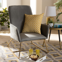 Baxton Studio SF1802-Grey Velvet/Gold-CC Sennet Glam and Luxe Grey Velvet Fabric Upholstered Gold Finished Armchair